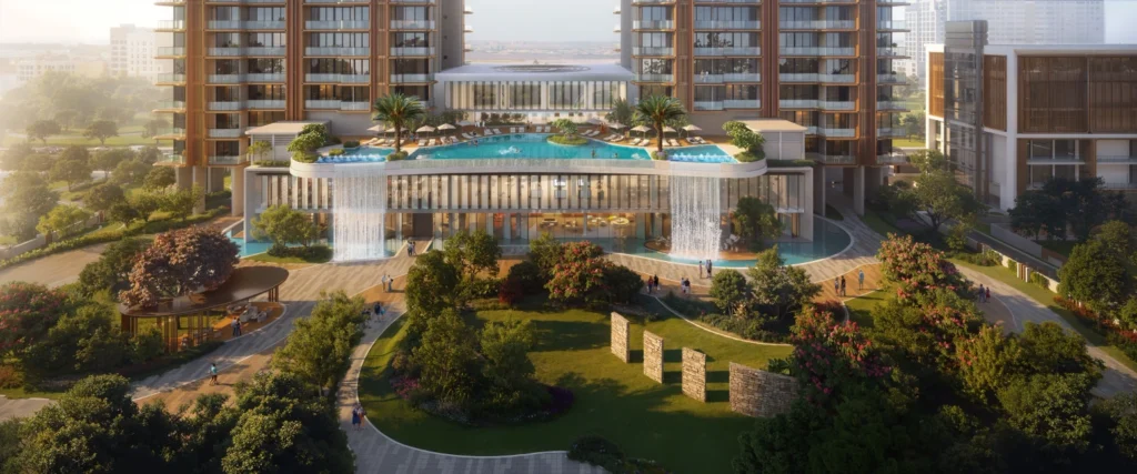 The Oryza clubhouse with rooftop pool and landscaped open spaces