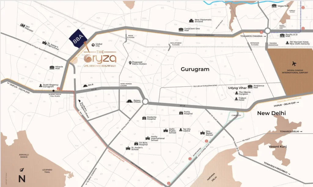 The Oryza location map showing connectivity from Sector 88A Gurgaon