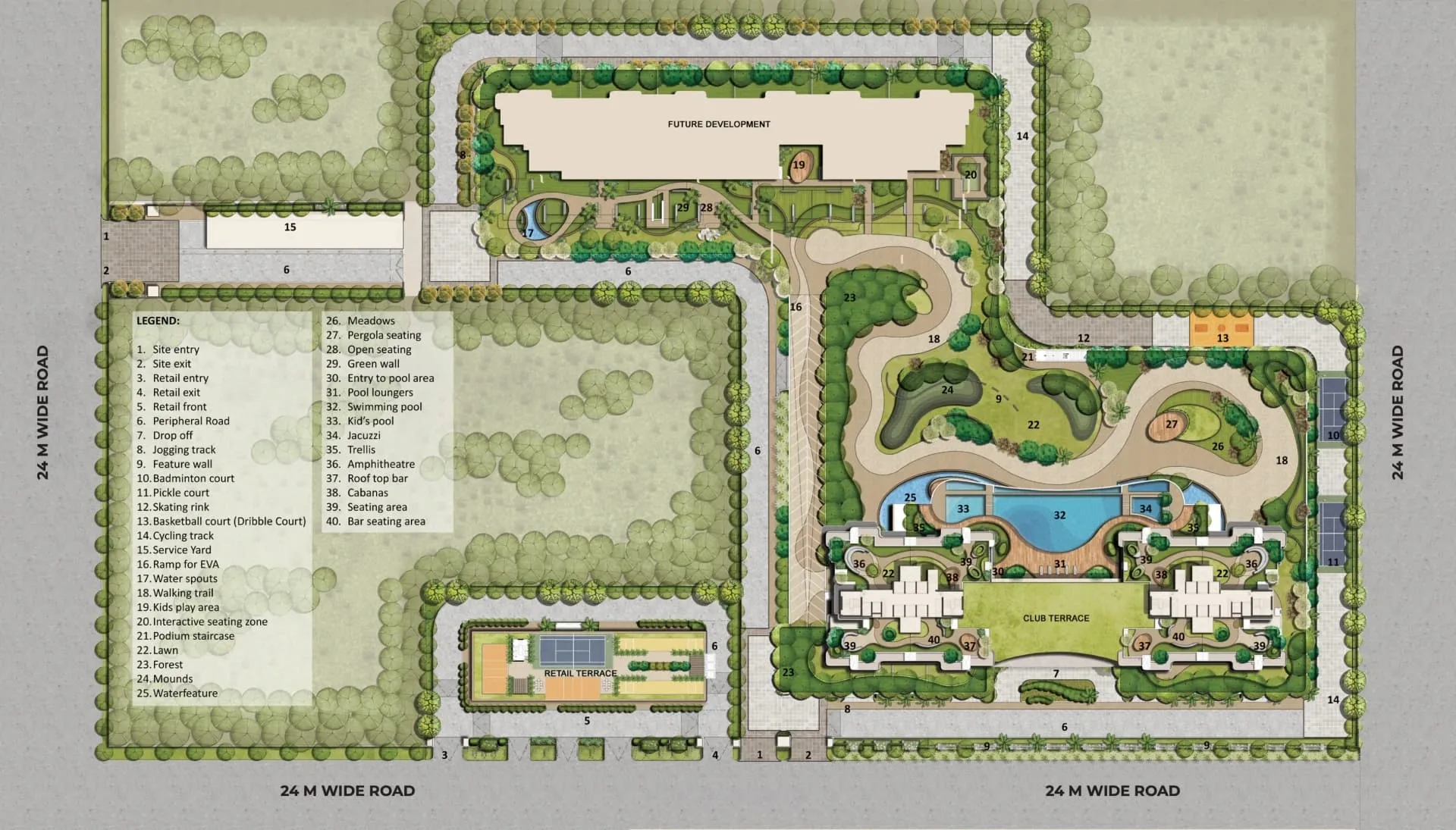 The Oryza master plan with towers clubhouse and landscaped areas