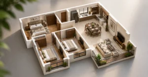 3D apartment layout illustrating carpet area, built-up area, and super built-up area comparison for homebuyers.