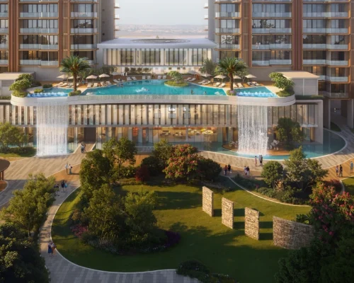 The Oryza clubhouse with rooftop pool and landscaped open spaces